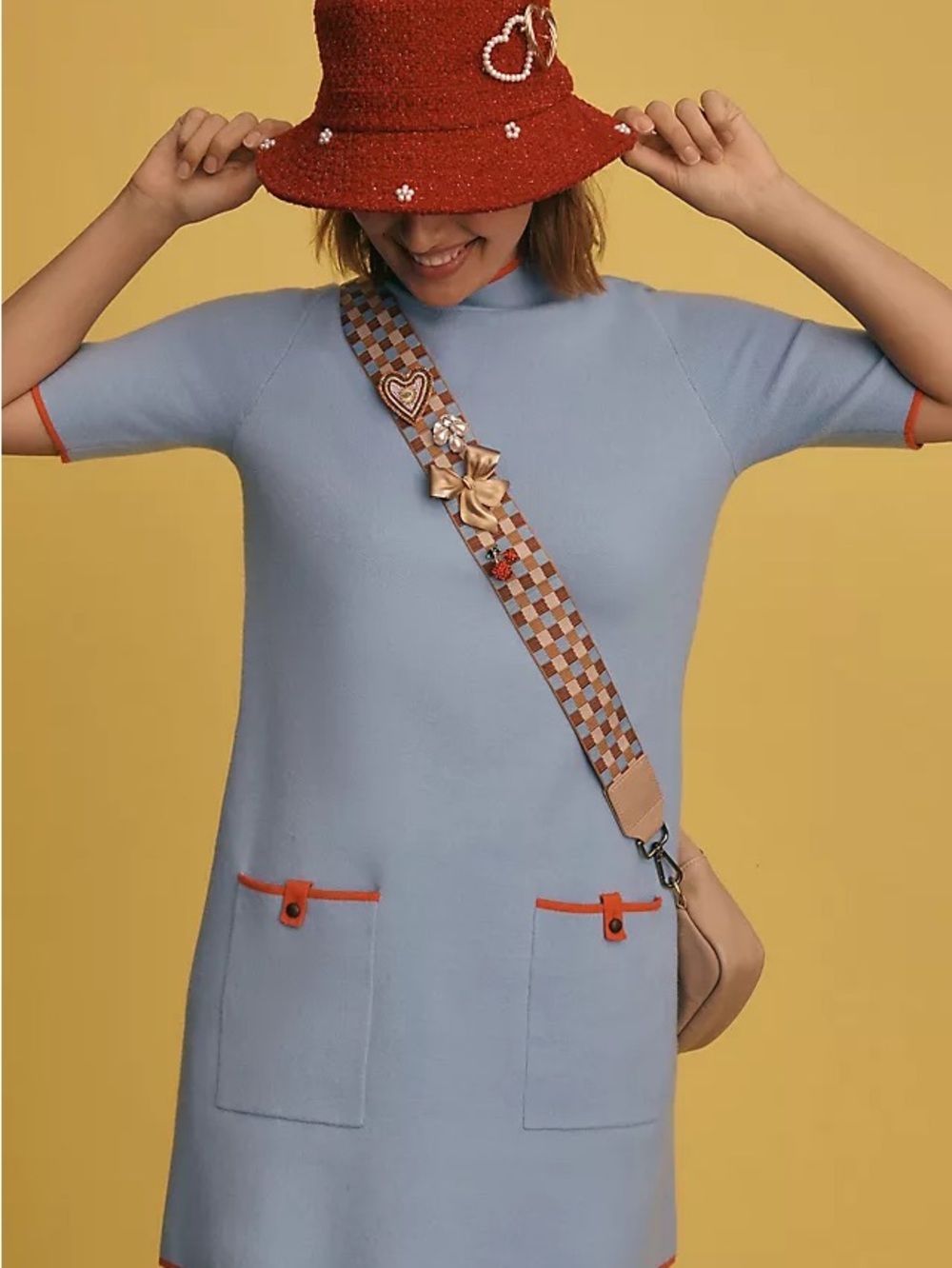 Light Blue Knit Shift Dress with Orange Trim